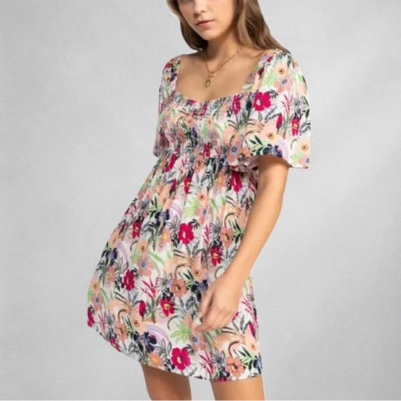 Roxy Dress Size S Floral Smocked Backless Mini Boho Festival Beach Viscose 11/3 - Picture 1 of 9